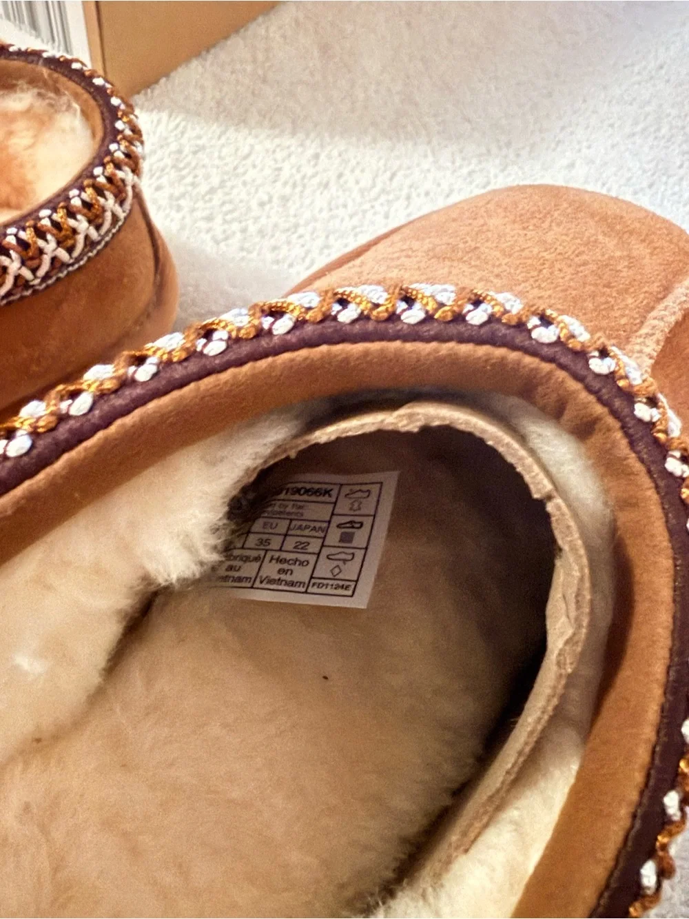 UGG Chestnut Suede Shearling-Lined Slip-On Slippers with decorative Trim